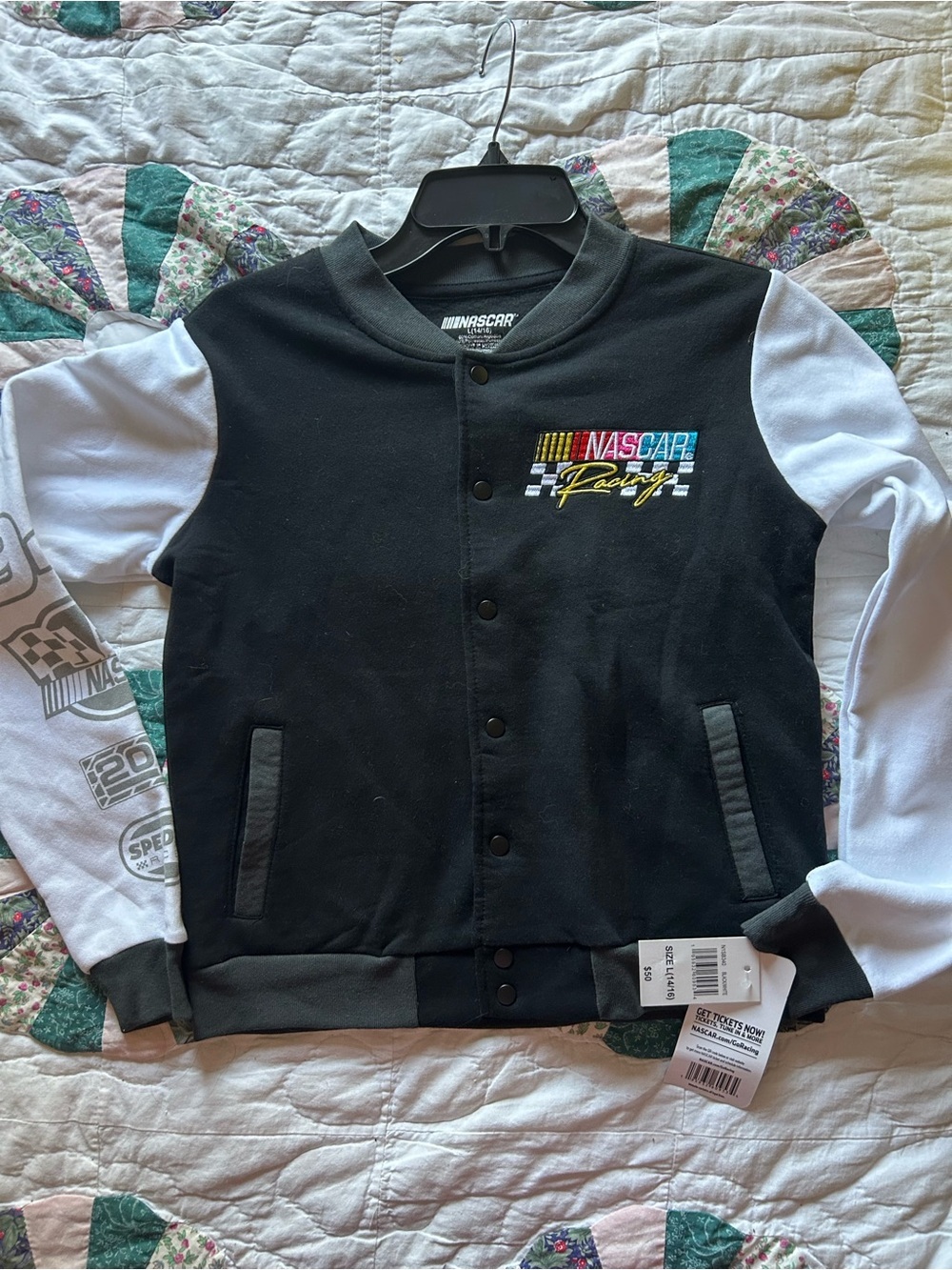 NASCAR Racing Car Varsity Jacket Snap Button Checkered Flag Youth Sz L(14/16)New